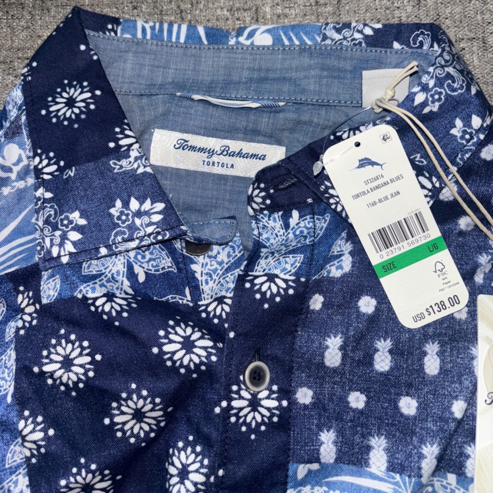 Tommy Bahama Navy Blue Bandana Patchwork Short Sleeve Shirt
